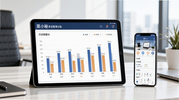 菜小秘多店管理功能展示,平板电脑屏幕上呈现多家门店数据对比柱状图,旁边有手机端操作界面,办公桌场景,明亮商务风格