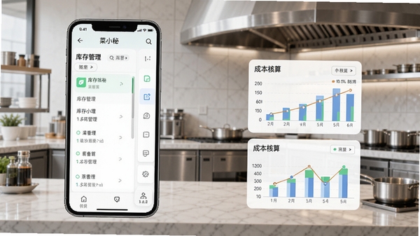 菜小秘软件界面展示,手机屏幕中显示库存管理列表和成本核算图表,背景为整洁的餐厅后厨环境,现代简约风格,高清细节