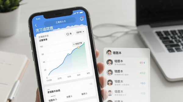DET软件学习进度追踪界面,手机屏幕显示正确率曲线图与错题本列表,界面清爽,数据可视化