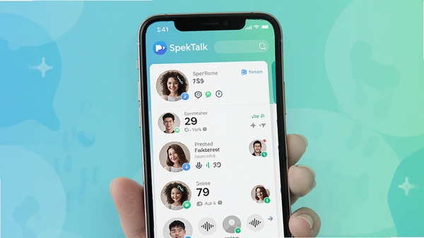 SpekTalk语音社交应用主界面展示图,手机屏幕中显示多个语音房间列表和在线用户头像,整体风格清新明快,背景为柔和的蓝绿色渐变,突出实时语音交友的社交氛围,画面中包含SpekTalk字样