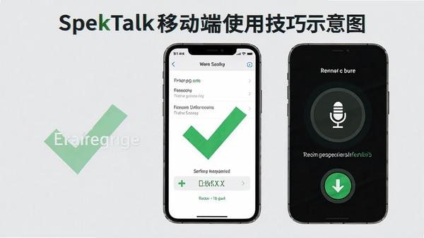 SpekTalk移动端使用技巧示意图,手机屏幕显示权限设置界面和麦克风开启状态,画面中有醒目的对勾标记和提示文字,背景为简洁的浅灰色,突出操作步骤的清晰易懂