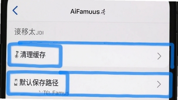 一张手机屏幕截图,展示AiFamous应用内的设置界面,高亮标注“清理缓存”和“默认保存路径”选项,界面风格简洁,带有蓝色高亮提示框