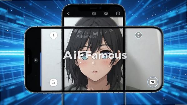 AiFamous软件界面展示,手机屏幕上显示一张真人照片正在被转换为动漫风格头像,背景是科技感十足的蓝色光效,画面中央有AiFamous的Logo水印,整体风格简洁明亮