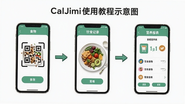 CalJimiʹ�ý̳�ʾ��ͼ��չʾ�ֻ�ɨ��ʳ�������ʳ��¼���鿴Ӫ�������Ĳ���ֽ⣬������˵�UIָ�����