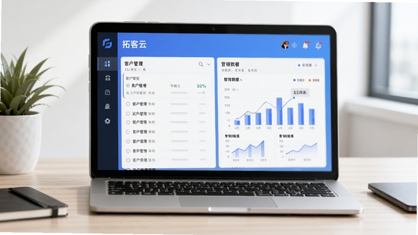 拓客云软件功能界面展示,手机屏幕中显示客户管理列表与营销数据图表,背景为简洁办公桌面,突出智能营销主题