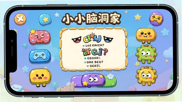 小小脑洞家游戏界面展示,卡通风格答题场景,彩色按钮和趣味题目,手机屏幕截图效果