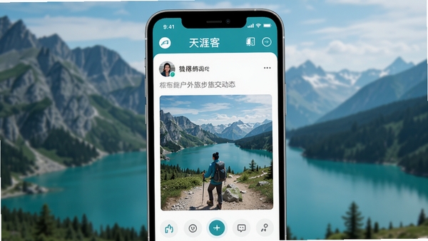 ���Ŀ�APP���������罻����չʾ���ֻ���Ļ����ʾɽ�������������û����ڷ���ͽ������ͼ�Ķ�̬��������ˬ��࣬Ʒ��ɫΪ����ɫ�����ִ���ƽ����Ʒ��