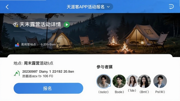 ���Ŀ�APP�����ҳ�棬��ʾ��ĩ¶Ӫ����飬����ʱ��ص㡢������ť�Ͳ�����ͷ���б�����������ֱ��