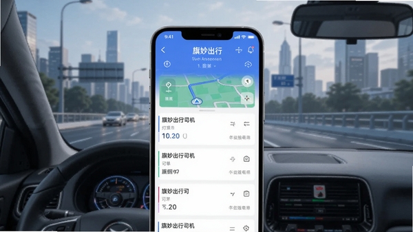 旗妙出行司机端旗舰版软件界面展示图,手机屏幕上显示订单列表和导航地图,背景为城市道路,风格简洁科技感