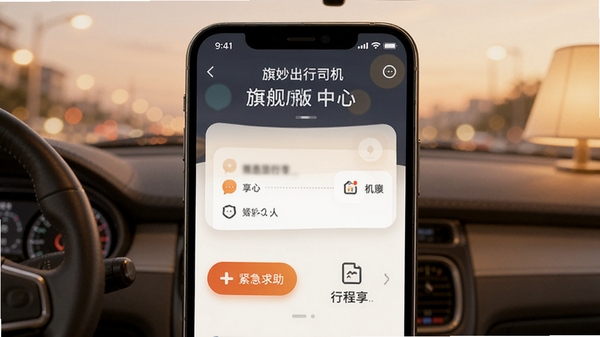 旗妙出行司机端旗舰版安全中心界面,手机屏幕显示紧急求助按钮和行程分享功能,温馨安全氛围