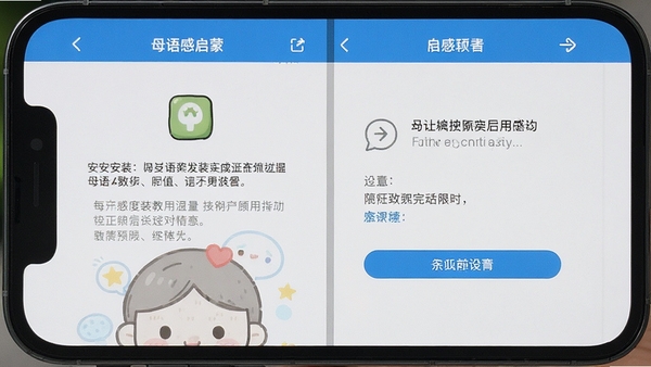 母语感启蒙使用教程截图,手机屏幕显示安装步骤和权限设置界面