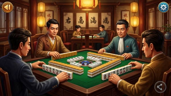 富豪麻将经典对局界面,四位玩家围坐麻将桌,牌面清晰,古风装修背景,暖色灯光,手机游戏截图风格