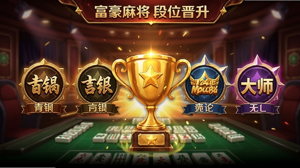 富豪麻将段位晋升界面,展示青铜到大师的段位图标,金色奖杯,竞技氛围浓厚