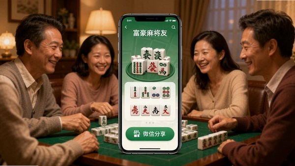 富豪麻将好友约牌界面,显示邀请码和微信分享按钮,温馨社交场景,手机屏幕展示