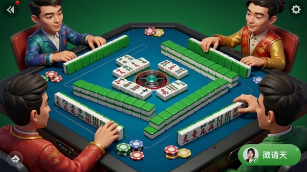 南宁麻将游戏对局界面,四位玩家正在激烈对战,牌桌上有麻将牌和筹码,界面显示微信好友邀请按钮,色彩鲜艳,风格写实