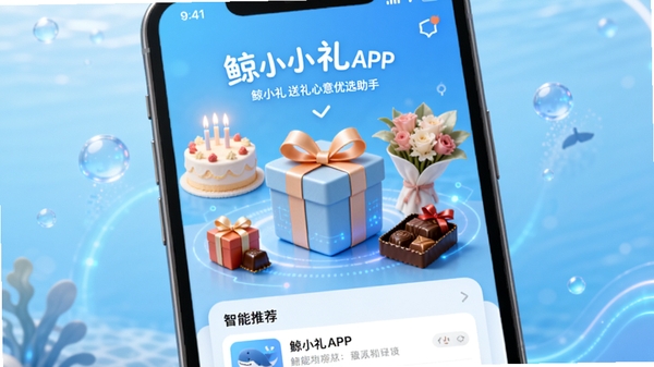 鲸小礼APP主界面展示,清新海洋蓝配色,界面中央有精美的礼物盒图标,周围环绕生日蛋糕、鲜花、巧克力等礼品元素,手机屏幕中显示智能推荐列表,背景为柔和的渐变蓝色,整体风格温馨现代,带有科技感与生活气息,画面中包含文字“鲸小礼 送礼心意优选助手”