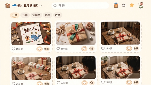 鲸小礼礼物灵感社区界面,展示瀑布流形式的用户分享卡片,包含手绘贺卡、创意礼物包装、送礼场景照片等,每张卡片有点赞和收藏按钮,界面风格温馨活泼,顶部有搜索栏和分类标签,画面中包含“鲸小礼 灵感社区”文字