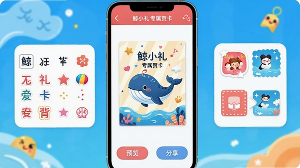 鲸小礼贺卡制作界面,手机屏幕显示贺卡编辑页面,中央是一张精美的生日贺卡,周围有字体选择、贴纸、背景切换等工具栏,底部有预览和分享按钮,整体配色明亮欢快,画面中包含“鲸小礼 专属贺卡”文字