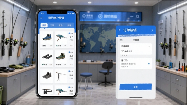 微钓商户端软件主界面展示,手机屏幕显示渔具商品管理列表和订单核销页面,背景为简洁的钓具店铺场景,蓝色科技感UI风格