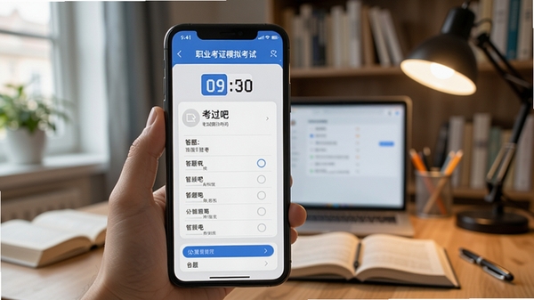 考过吧职业考证模拟考试界面,手机屏幕显示考试倒计时、答题卡与选项,背景为书房学习场景,突出备考氛围