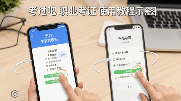 考过吧职业考证使用教程示意图,手机屏幕显示安装步骤与权限设置界面,旁边有手指点击操作示意,背景为浅色桌面