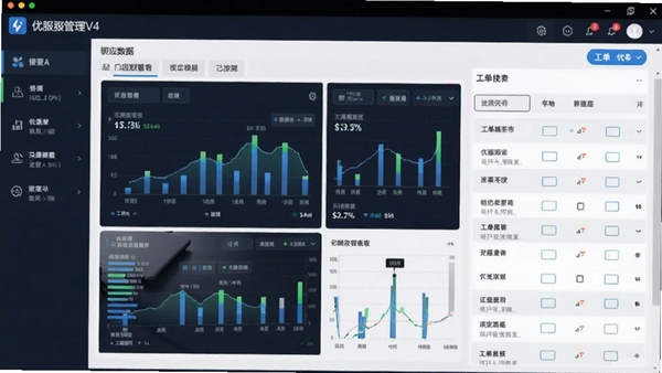 优服管理V4软件功能界面展示图,展示门店数据看板与工单列表