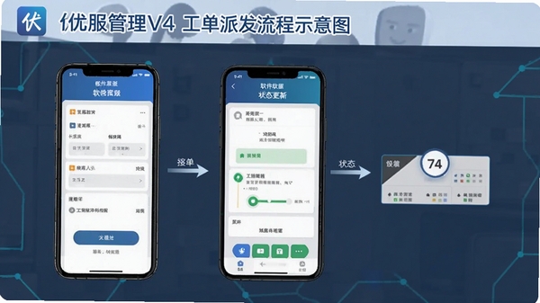 优服管理V4工单派发流程示意图,展示手机端接单与状态更新界面,带软件名称
