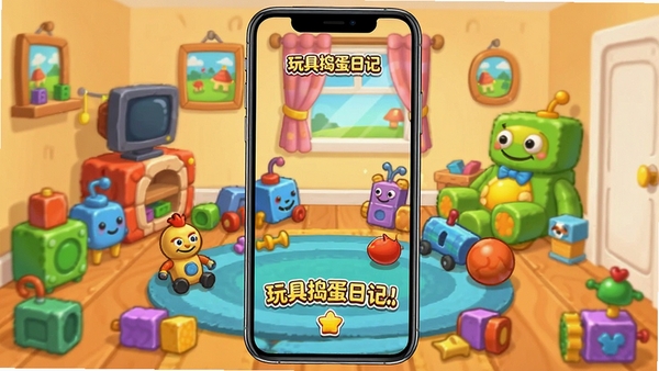 玩具捣蛋日记游戏主界面卡通风格房间场景,各种玩具散落一地,色彩鲜艳,手机屏幕竖版展示,休闲解压游戏风格
