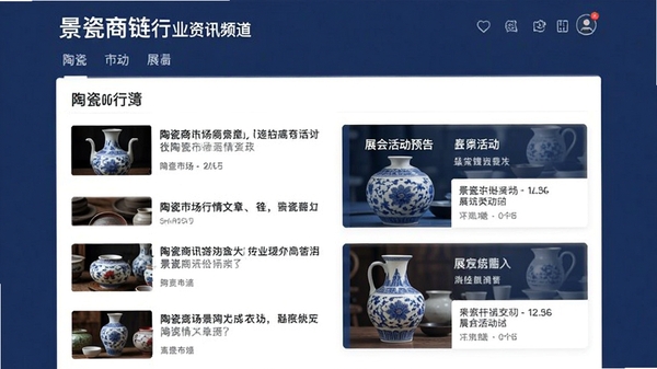 景瓷商链行业资讯频道界面,展示陶瓷市场行情文章列表与展会活动预告卡片,信息层次清晰