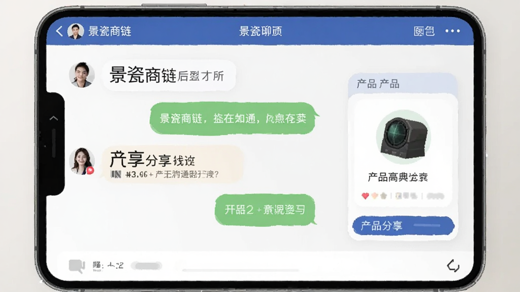 景瓷商链在线沟通聊天界面,展示买卖双方对话气泡与产品卡片分享,体现商贸沟通场景