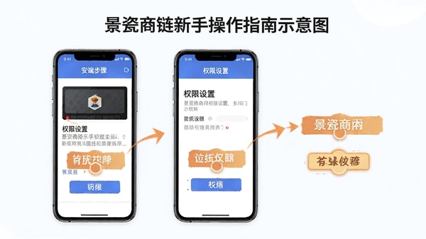 景瓷商链新手操作指南示意图,展示手机端安装步骤与权限设置界面,标注关键操作节点,风格简洁明了