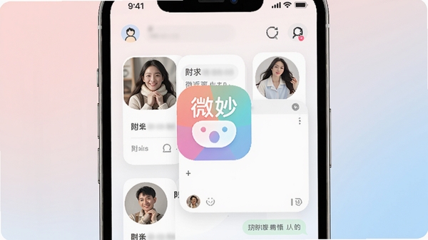 一张展示微妙奇缘软件界面的手机模型图,背景是柔和的粉色与蓝色渐变,界面显示着附近的人头像卡片和即时聊天窗口,画面中央有微妙奇缘的彩色Logo,风格温馨现代,突出社交氛围
