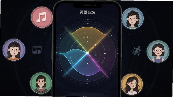 微妙奇缘APP的智能匹配雷达界面,屏幕中心发散出彩色光波,周围环绕着带有不同兴趣图标(如音乐、电影、运动)的用户头像,科技感与温馨感并存