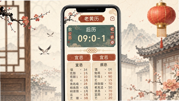 老黄历软件界面展示,手机屏幕中显示农历日期和宜忌信息,中国风设计风格,简洁清晰