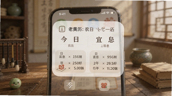 老黄历手机桌面小组件展示,桌面显示今日农历和宜忌信息,简洁美观
