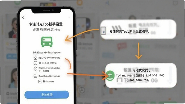 专注时光ToDo新手设置引导界面,手机屏幕显示权限开启步骤与电池优化提示,配有箭头指示和文字说明,风格简洁清晰