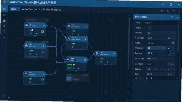 AutoClaw可视化脚本编辑界面示意图,展示拖拽式节点连线与动作参数设置面板,科技蓝配色,扁平化设计风格