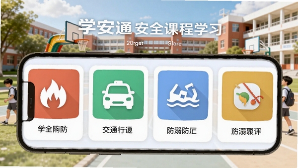 学安通安全课程学习界面展示,手机屏幕中呈现多个安全主题课程卡片,包含消防、交通、防溺水等图标,背景为明亮的校园场景,界面简洁清新,适合教育类软件宣传图