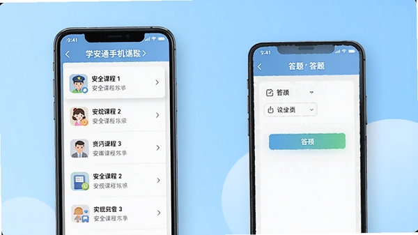 学安通手机端操作界面截图,展示安全课程列表与答题界面,界面清晰标注各功能区域,背景为浅蓝色渐变,适合作为软件使用教程配图