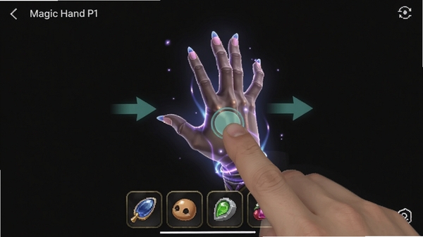 Magic Hand P1�ƶ��˲��������ͼ��չʾ��ָ����Ļ�ϻ�������ħ��֮�ֵĻ��棬�������������Ĳ�����ʾ��ͷ�͵�����������Ϊ��ɫ����ģʽ��ͻ�����ؽ����ı����