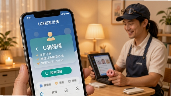 U猪到家师傅端应用界面上显示实时订单推送通知,手机屏幕展示接单提醒,背景为温馨的服务场景,突出便捷接单功能