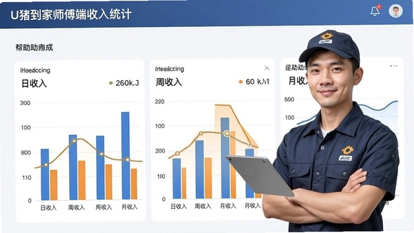 U猪到家师傅端收入统计页面,展示日收入、周收入、月收入图表,数据清晰,帮助师傅了解收入构成
