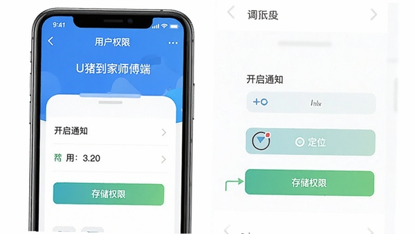 U猪到家师傅端安装权限设置界面示意图,展示如何开启通知、定位和存储权限,帮助用户正确配置应用