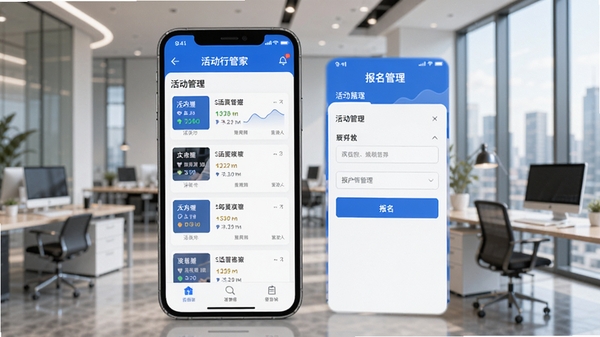 活动行管家APP主界面展示,手机屏幕中显示活动列表与报名管理面板,蓝白配色简洁商务风格,背景为现代办公场景,突出活动管理功能