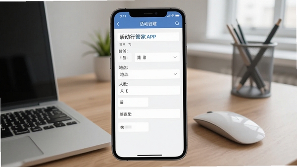活动行管家APP活动创建界面截图,手机屏幕显示活动信息填写表单,包含时间、地点、人数等字段,界面简洁清晰,背景为办公桌面