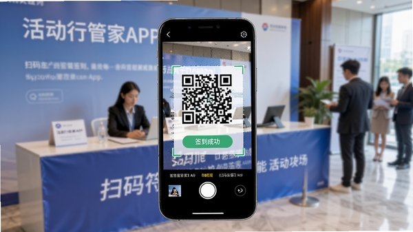 活动行管家APP扫码签到功能界面,手机摄像头对准二维码,屏幕显示签到成功提示,背景为活动现场签到台,明亮清晰的商务风格