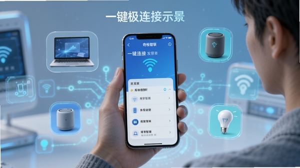 根据奇极智联的新手使用场景,生成一张AI生图提示词:画面中一位用户正拿着手机,手机屏幕显示奇极智联的设备发现列表界面,周围环绕着笔记本电脑、智能音箱、智能灯泡等设备的图标,背景是简洁的科技风格,突出“一键连接”的便捷感,色调以蓝色和青色为主