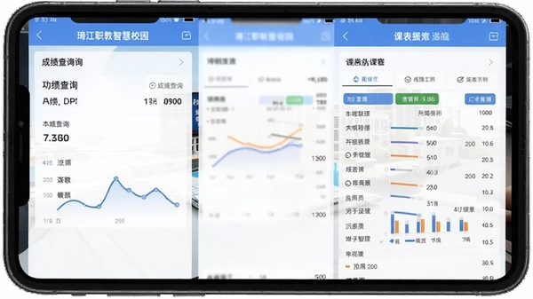 綦江职教智慧校园APP功能界面截图,展示成绩查询和课表页面,界面清晰,数据图表可视化