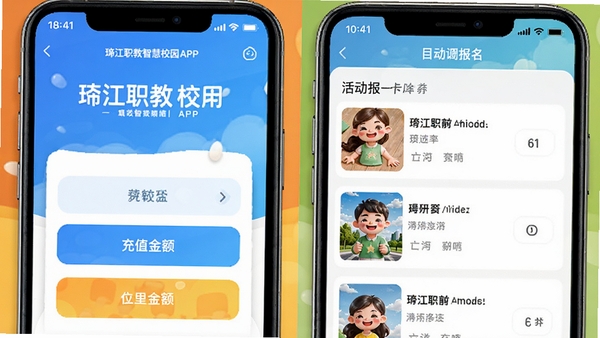 綦江职教智慧校园APP一卡通充值和活动报名界面,展示充值金额选项和活动列表,色彩明快