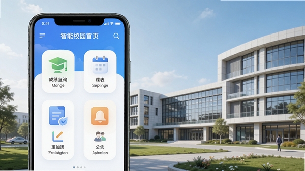 綦江职教智慧校园APP界面展示图,手机屏幕显示智慧校园首页,包含成绩查询、课表、通知公告等图标,背景为现代化校园建筑,风格清新简洁